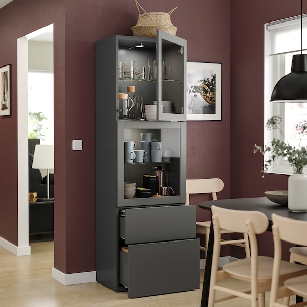 BESTÅ - Storage combination w glass doors, dark grey Lappviken/Sindvik dark grey, 60x42x193 cm