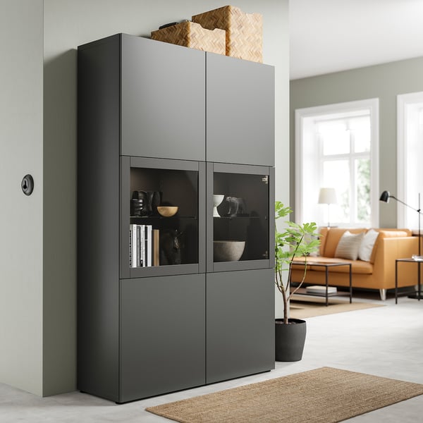BESTÅ - BESTÅ Storage combination w glass doors, dark grey Lappviken/Sindvik dark grey, 120x42x193 cm