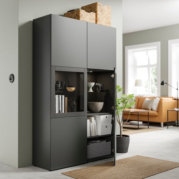 BESTÅ - BESTÅ Storage combination w glass doors, dark grey Lappviken/Sindvik dark grey, 120x42x193 cm