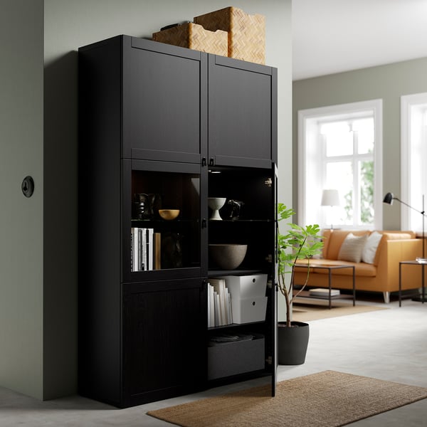 BESTÅ storage combination w glass doors, black-brown Hanviken/Sindvik black-brown clear glass, 120x42x193 cm