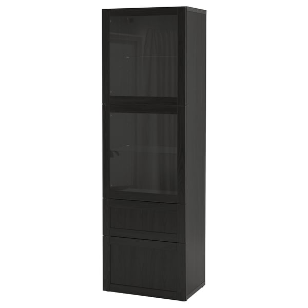 BESTÅ storage combination w glass doors, black-brown/Hanviken black-brown clear glass, 60x42x193 cm