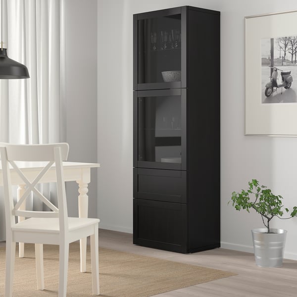 BESTÅ Combination with glass doors - brown-black/Hanviken transparent brown-black glass 60x42x193 cm