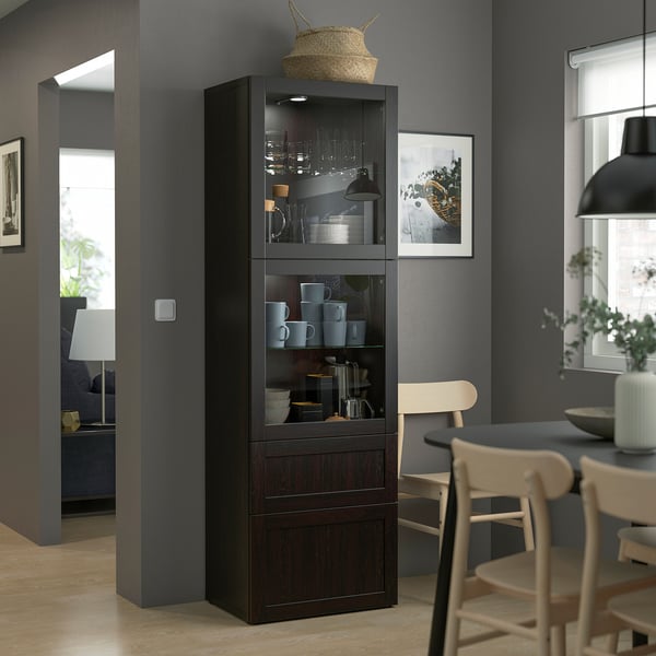 BESTÅ Combination with glass doors - brown-black/Hanviken transparent brown-black glass 60x42x193 cm