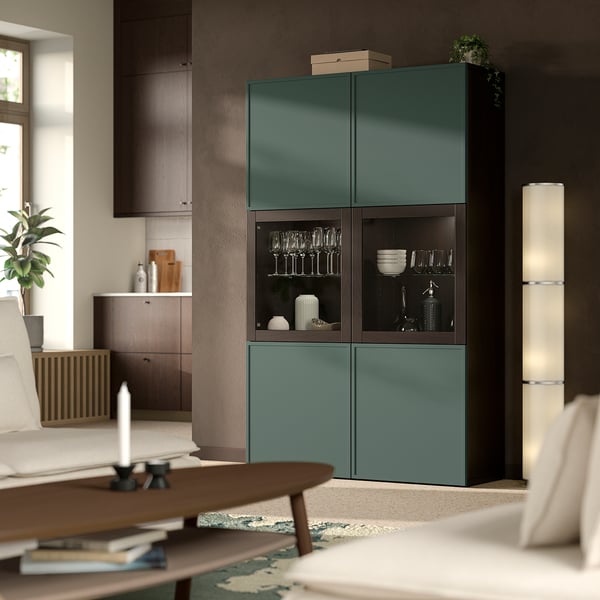 BESTÅ storage combination w glass doors, black-brown/Krukmakare dark grey-green, 120x42x193 cm