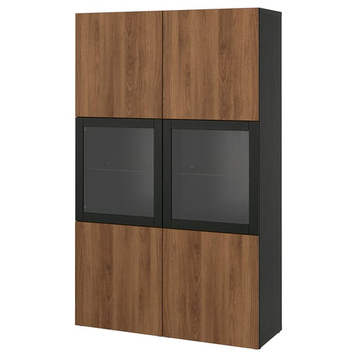 BESTÅ storage combination w glass doors, black-brown Lappviken/Sindvik walnut effect, 120x42x193 cm
