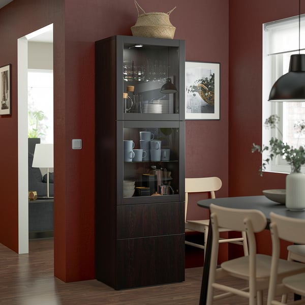 BESTÅ storage combination w glass doors, black-brown/Lappviken black-brown clear glass, 60x42x193 cm