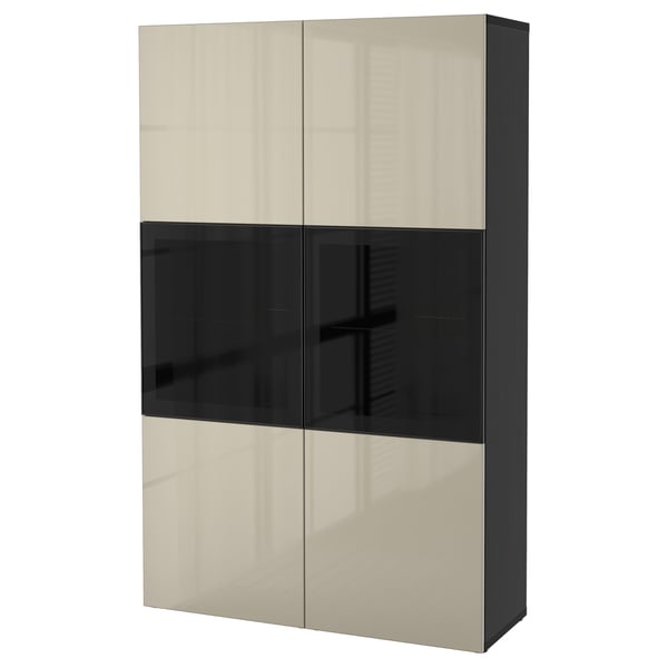 BESTÅ storage combination w glass doors, black-brown/Selsviken high-gloss/beige clear glass, 120x42x193 cm