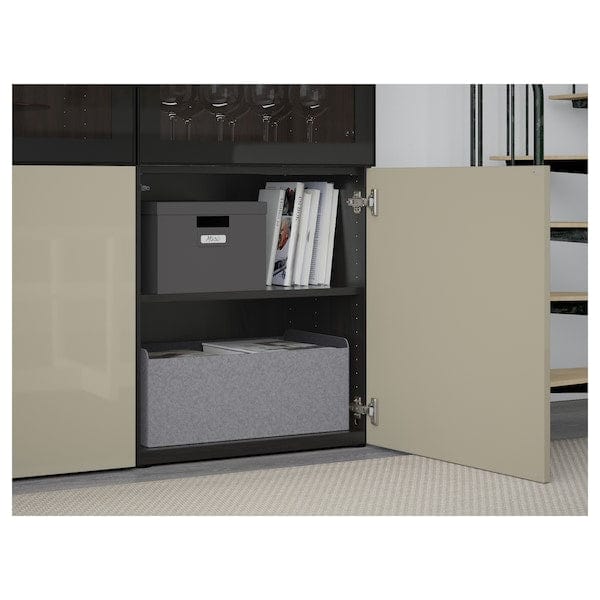 Ikea BESTÅ Combination with glass doors - brown-black/Glossy Selsviken/transparent beige glass 120x42x193 cm , 120x42x193 cm