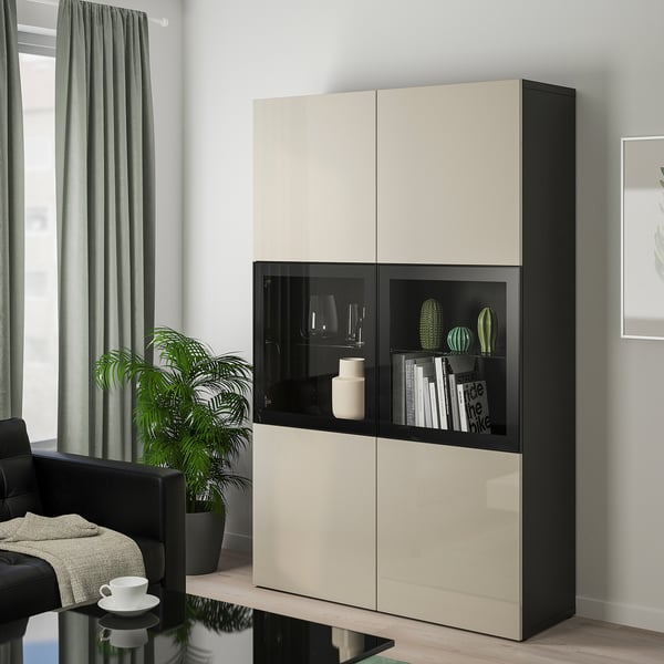 BESTÅ storage combination w glass doors, black-brown/Selsviken high-gloss/beige clear glass, 120x42x193 cm