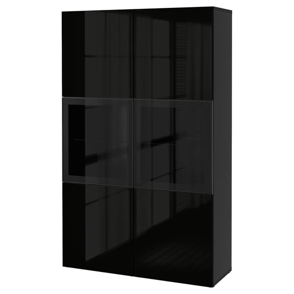 BESTÅ storage combination w glass doors, black-brown/Selsviken high-gloss/black clear glass, 120x42x193 cm