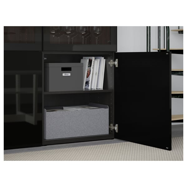 BESTÅ storage combination w glass doors, black-brown/Selsviken high-gloss/black clear glass, 120x42x193 cm
