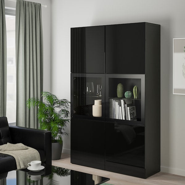 BESTÅ - Storage combination w glass doors, black-brown/Selsviken high-gloss/black clear glass, 120x42x193 cm