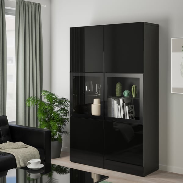 BESTÅ storage combination w glass doors, black-brown/Selsviken high-gloss/black clear glass, 120x42x193 cm