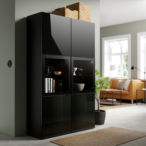 BESTÅ storage combination w glass doors, black-brown/Selsviken high-gloss/black clear glass, 120x42x193 cm