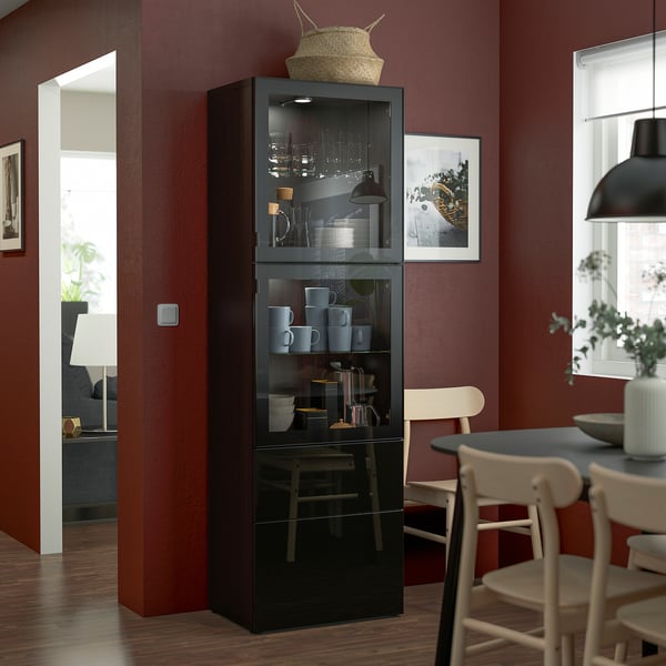 BESTÅ storage combination w glass doors, black-brown/Selsviken high-gloss/black clear glass, 60x42x193 cm