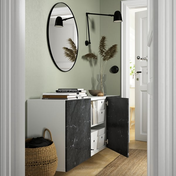 BESTÅ - Wall-mounted cabinet combination, white Bergsviken/black marble effect, 180x42x64 cm