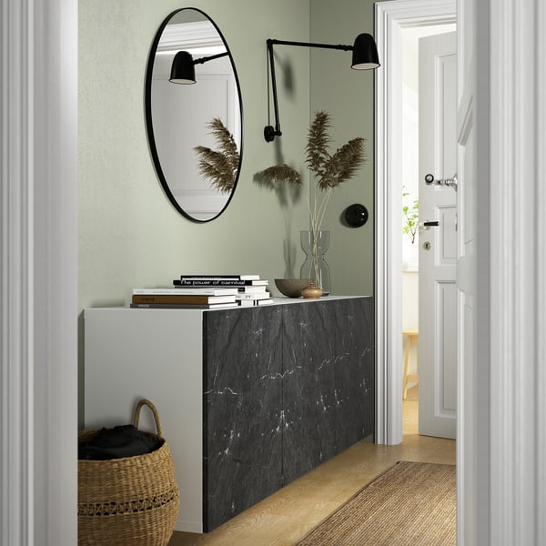 BESTÅ - Wall-mounted cabinet combination, white Bergsviken/black marble effect, 180x42x64 cm