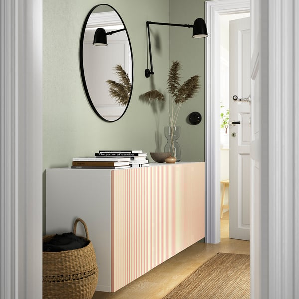 BESTÅ wall-mounted cabinet combination, white/Björköviken birch veneer, 180x42x64 cm