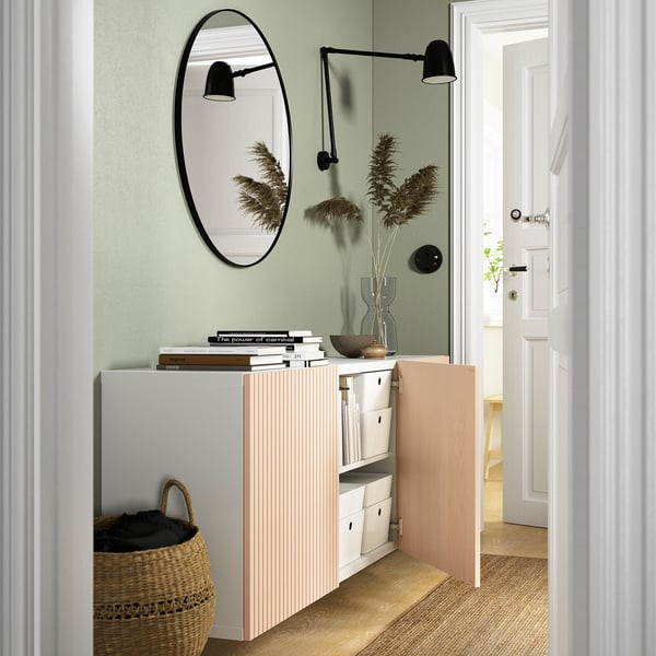 BESTÅ wall-mounted cabinet combination, white/Björköviken birch veneer, 180x42x64 cm