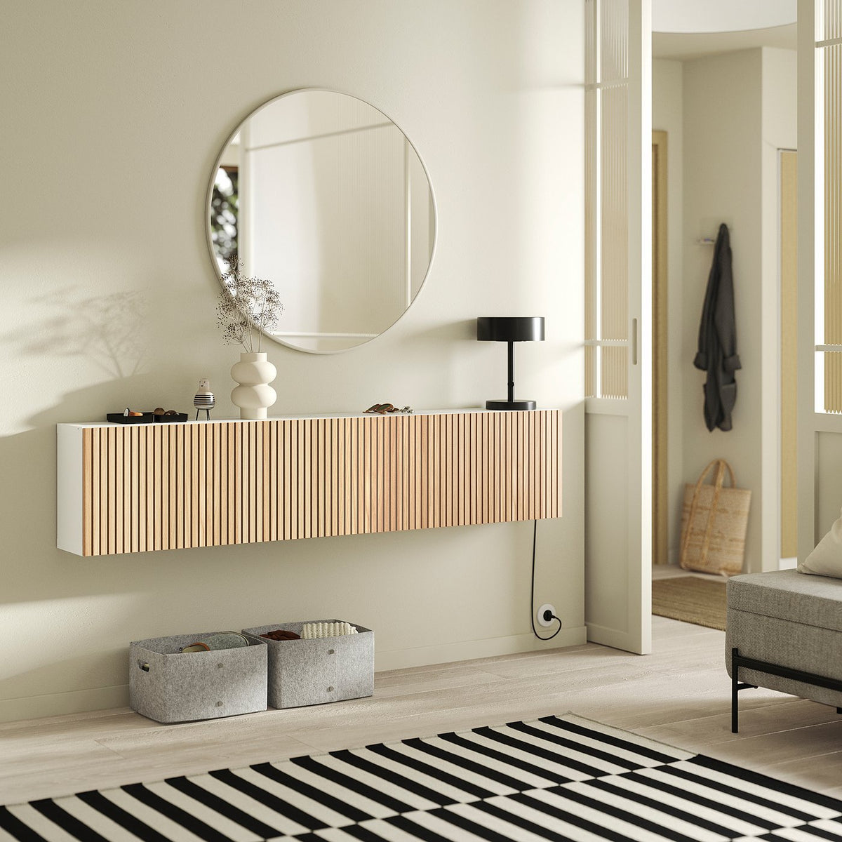 BESTÅ wall-mounted cabinet combination, white/Björköviken oak veneer, 180x22x38 cm