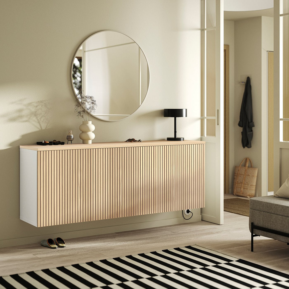 BESTÅ wall-mounted cabinet combination, white/Björköviken oak veneer, 180x42x66 cm