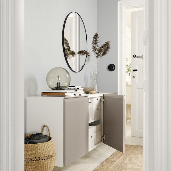 Ikea BESTÅ - Wall-mounted cabinet combination, white/Hammarsmed beige, 180x42x64 cm