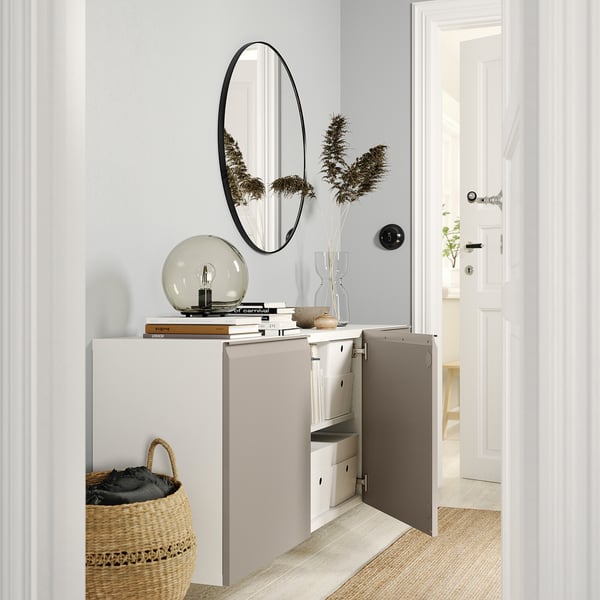 BESTÅ - BESTÅ Wall-mounted cabinet combination, white/Hammarsmed beige, 180x42x64 cm