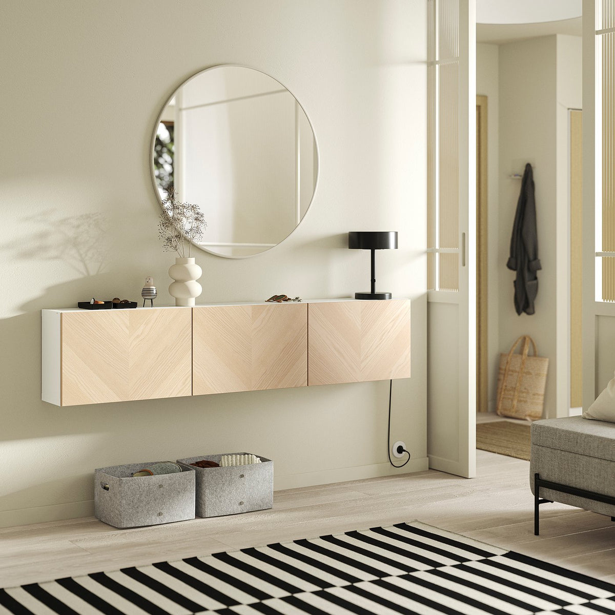 BESTÅ wall-mounted cabinet combination, white/Hedeviken ash veneer, 180x22x38 cm