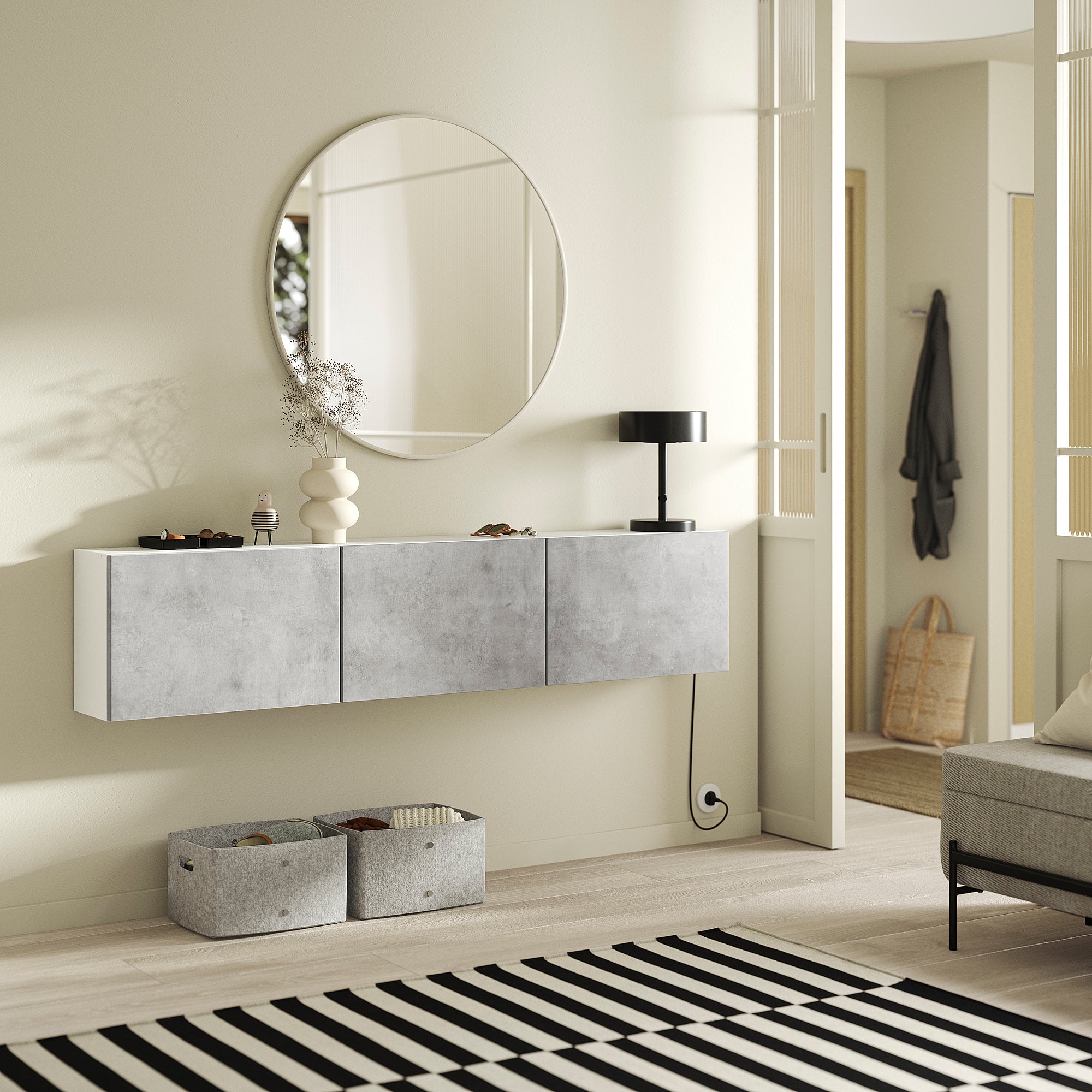 BESTÅ wall-mounted cabinet combination, white Kallviken/light grey concrete effect, 180x22x38 cm