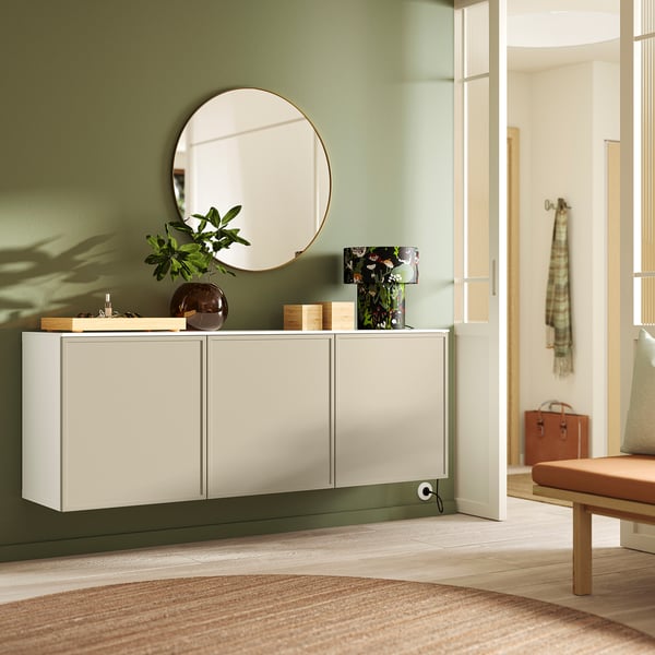 BESTÅ wall-mounted cabinet combination, white Krukmakare/beige high-gloss white, 180x42x65 cm