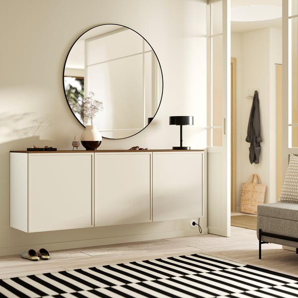 BESTÅ wall-mounted cabinet combination, white Krukmakare/beige walnut effect, 180x42x65 cm