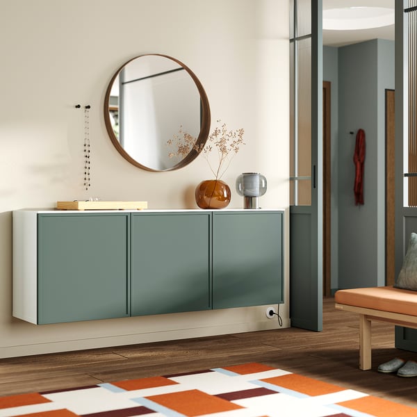 BESTÅ wall-mounted cabinet combination, white Krukmakare/dark grey-green high-gloss white, 180x42x65 cm