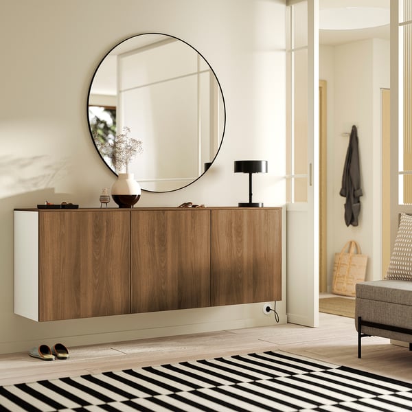 BESTÅ wall-mounted cabinet combination, white brown/Lappviken walnut effect, 180x42x65 cm