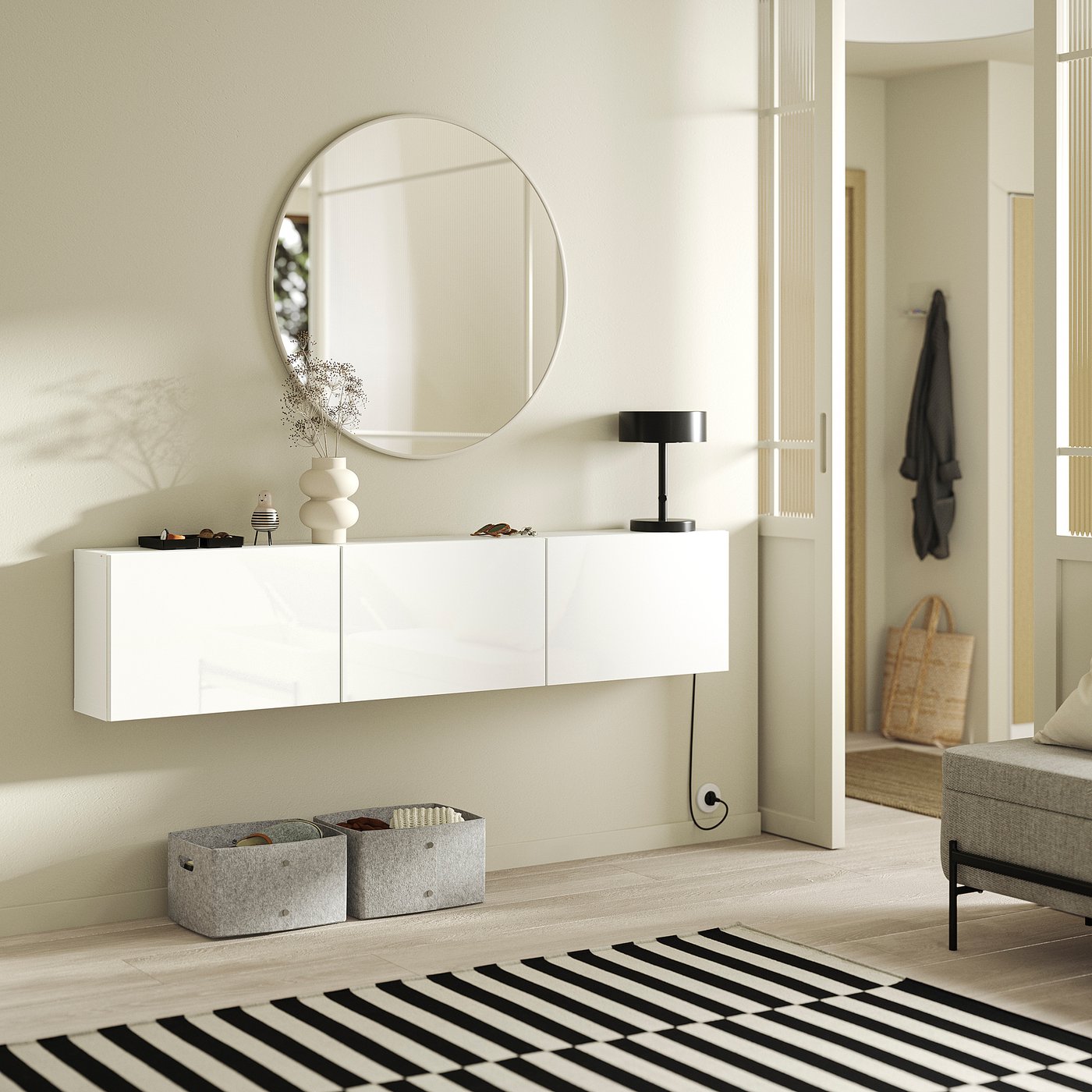 BESTÅ wall-mounted cabinet combination, white/Selsviken high-gloss white, 180x22x38 cm