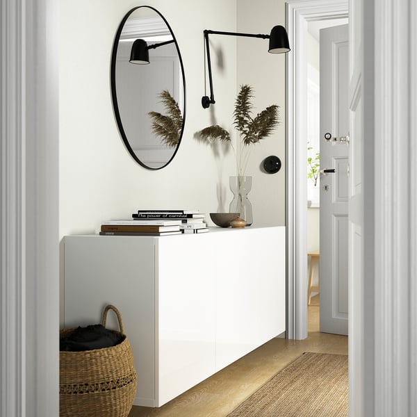 BESTÅ wall-mounted cabinet combination, white/Selsviken high-gloss/white, 180x42x64 cm