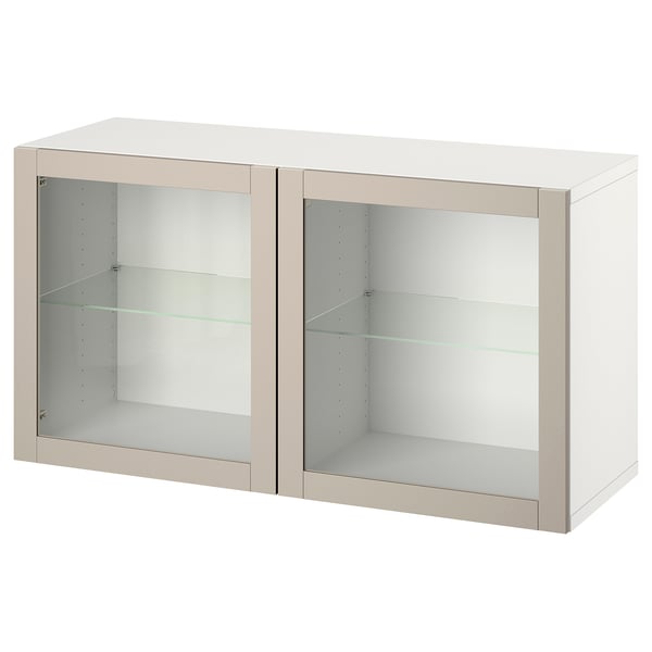 BESTÅ wall-mounted cabinet combination, white Sindvik/light grey/beige clear glass, 120x42x64 cm