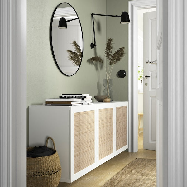 BESTÅ - Wall-mounted cabinet combination, white Studsviken/white woven poplar, 180x42x64 cm