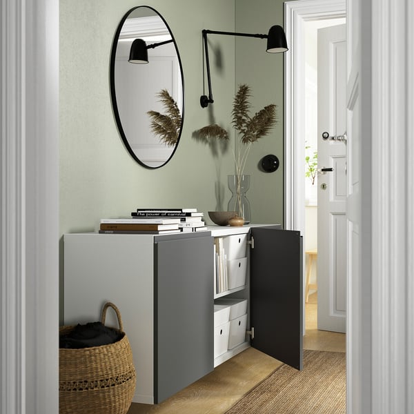 BESTÅ wall-mounted cabinet combination, white/Västerviken dark grey, 180x42x64 cm