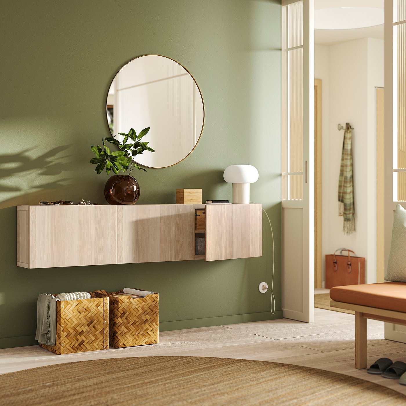 BESTÅ wall-mounted cabinet combination, white stained oak effect/Lappviken white stained oak effect, 180x22x38 cm