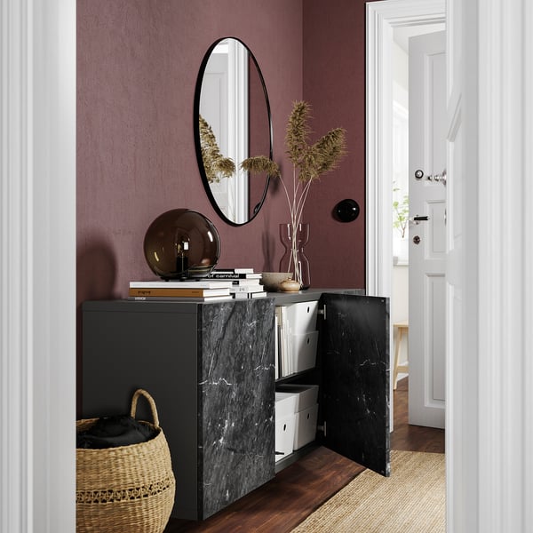 BESTÅ - Wall-mounted cabinet combination, dark grey/Bergsviken black, 180x42x64 cm