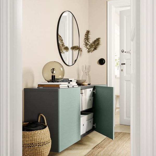 BESTÅ wall-mounted cabinet combination, dark grey/Hjortviken pale grey-green, 180x42x64 cm