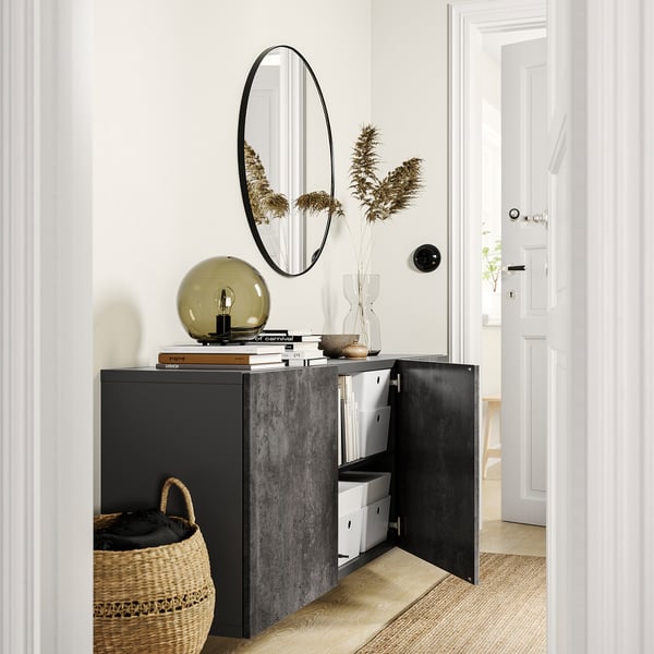 BESTÅ wall-mounted cabinet combination, dark grey/Kallviken concrete effect, 180x42x64 cm