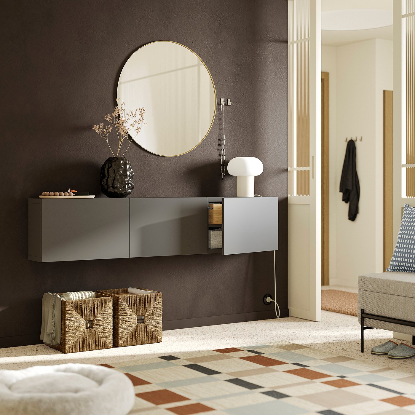 BESTÅ wall-mounted cabinet combination, dark grey/Lappviken dark grey, 180x22x38 cm