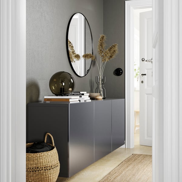 BESTÅ - BESTÅ Wall-mounted cabinet combination, dark grey/Riksviken brushed dark pewter effect, 180x42x64 cm