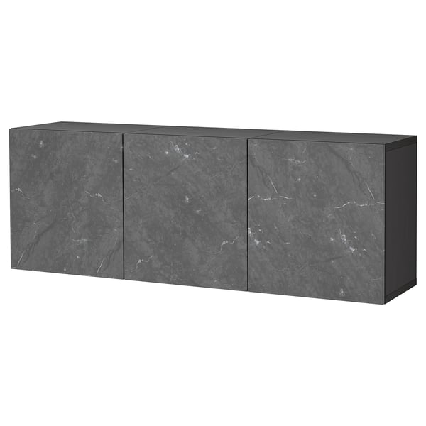 BESTÅ wall-mounted cabinet combination, black-brown Bergsviken/black marble effect, 180x42x64 cm