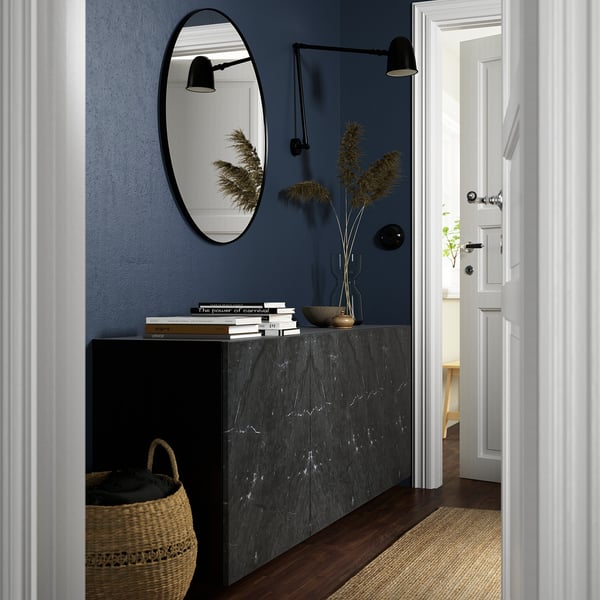 BESTÅ wall-mounted cabinet combination, black-brown Bergsviken/black marble effect, 180x42x64 cm