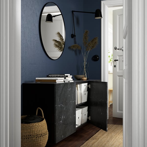 BESTÅ wall-mounted cabinet combination, black-brown Bergsviken/black marble effect, 180x42x64 cm