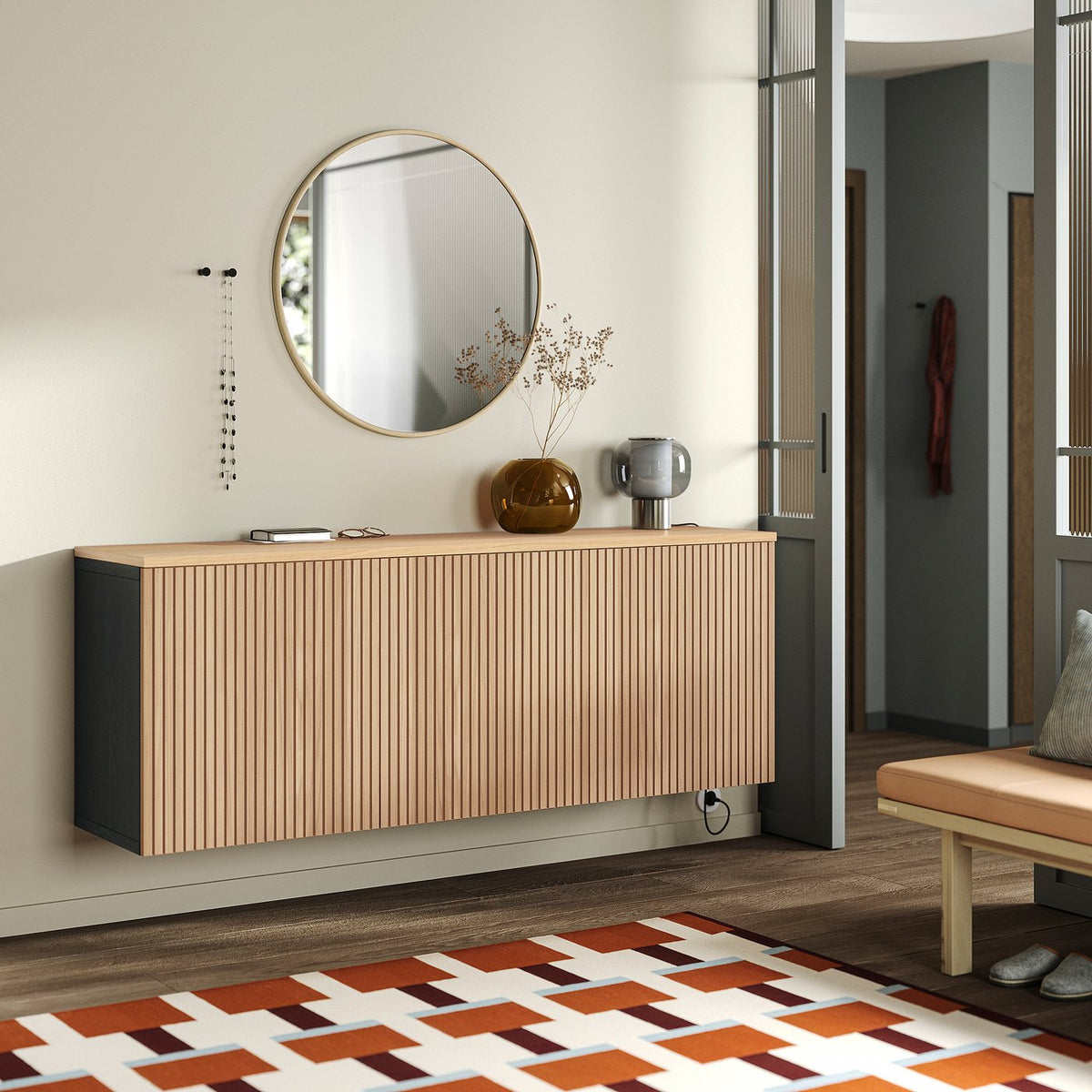 BESTÅ wall-mounted cabinet combination, black-brown/Björköviken oak veneer, 180x42x66 cm