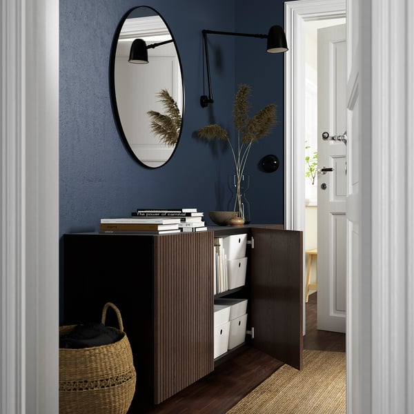 BESTÅ wall-mounted cabinet combination, black-brown Björköviken/brown stained oak veneer, 180x42x64 cm