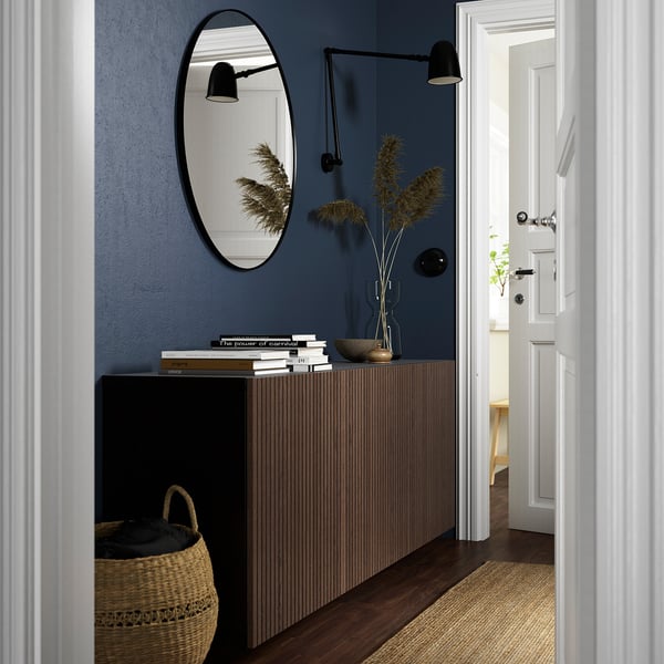 BESTÅ wall-mounted cabinet combination, black-brown Björköviken/brown stained oak veneer, 180x42x64 cm